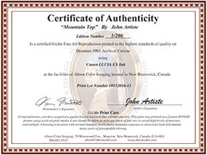 Edition Printing Certificate of Authenticity